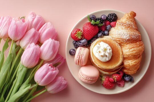 Pastel pink tulips and a plate of brunch goodies on matching background. It's ideal for promoting food, breakfast, and lifestyle concepts.
