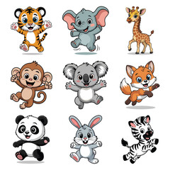 Happy cartoon animals jumping with joy tiger elephant