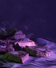Halloween purple green background with rocks and smoke, wizardly, magical, witchy mood