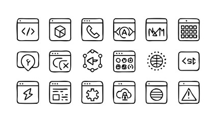 A line-style set of digital marketing web icons. Social media, networking, feedback, communication, marketing, and e-commerce. Vector illustrations.