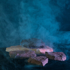Halloween purple green background with rocks and smoke, wizardly, magical, witchy mood