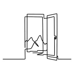 Line Art of Open Door Revealing Distant Mountain Landscape
