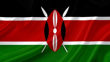 Kenyan flag featuring black, white, red, and green stripes with central Maasai shield and crossed spears