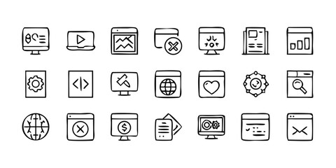  A line-style set of digital marketing web icons. Social media, networking, feedback, communication, marketing, and e-commerce. Vector illustrations.