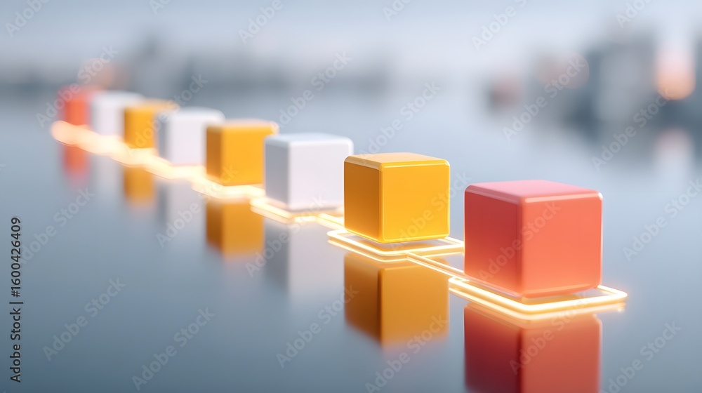 Poster a row of glowing, colorful cubes connected by illuminated lines on a reflective surface, symbolizing
