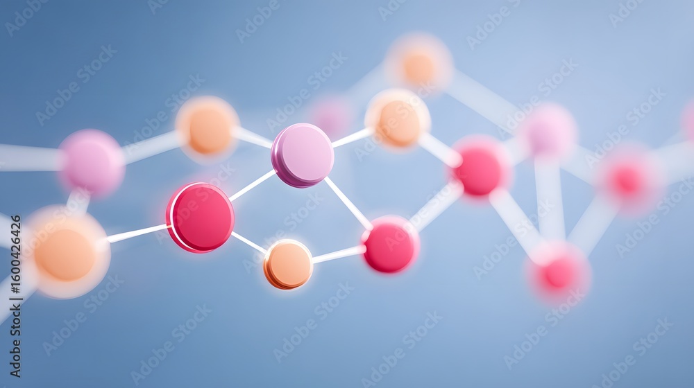 Aufkleber abstract molecular structure with interconnected colorful spheres and rods on a soft blue background