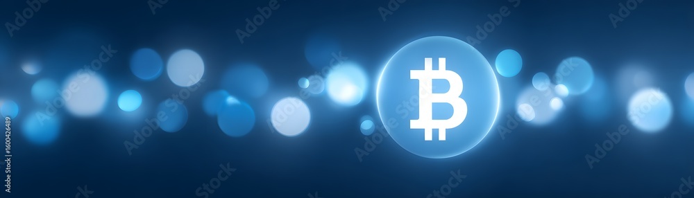 Poster a glowing bitcoin symbol floats amid blue circular light bokeh, representing digital currency and bl