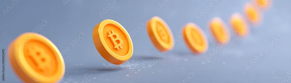 Poster orange bitcoin tokens appear to be falling or bouncing on a reflective surface with a blue backgroun