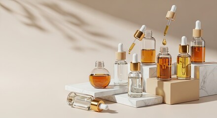 Realistic Glass Dropper Bottles Set for Organic Serum and Essential Oil – Beauty and Skincare Concept