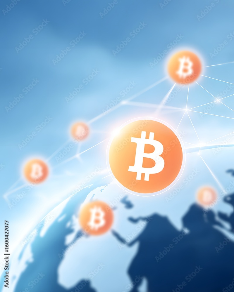 Poster digital representation of bitcoin cryptocurrency symbols connected globally over a blue earth backgr