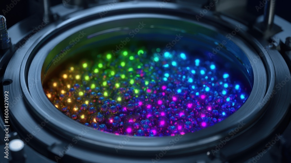 Poster quantum dots, illuminated in a spectrum of vibrant shades, are being separated by size and color wit