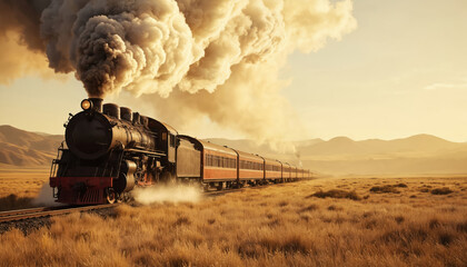 Vintage steam locomotive travels across golden, dry landscape, billowing heavy smoke under warm, hazy sky. Retro train with red passenger cars on tracks evokes nostalgia, history, industrial era