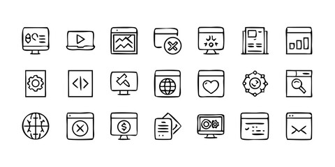 A line-style set of digital marketing web icons. Social media, networking, feedback, communication, marketing, and e-commerce. Vector illustrations.