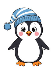 Fototapeta premium Cute Cartoon Penguin Wearing Winter Hat Vector Illustration