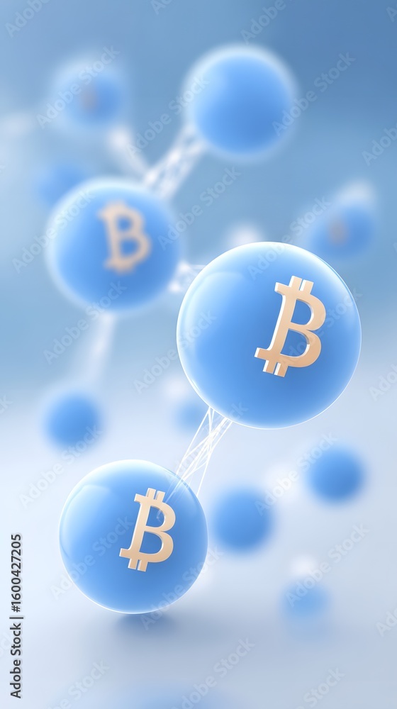 Poster blue spheres connected by lines, each featuring the bitcoin symbol, representing a digital network o