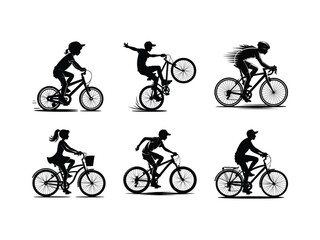 Silhouettes of people cycling in various styles and poses bicycles children