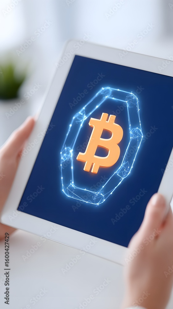 Poster a person holding a tablet displaying a glowing bitcoin symbol encased in a digital wireframe polygon