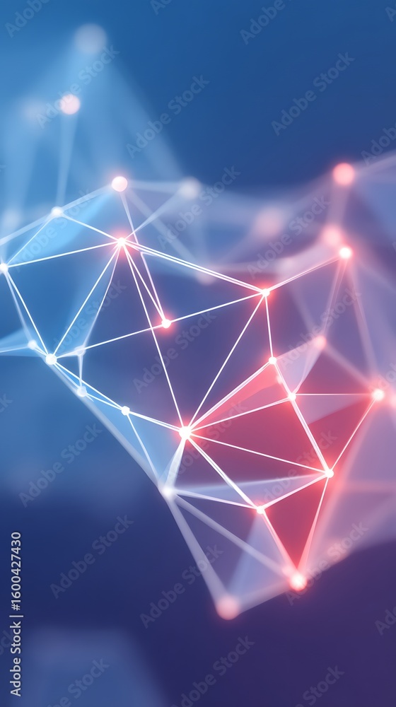 Poster abstract digital network visualization with interconnected glowing nodes in blue and red hues on a b