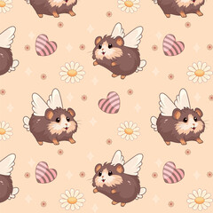 Seamless pattern with cute winged guinea pigs