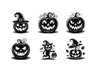 Spooky Halloween pumpkins with witch hats and bats jack-o-lantern scary
