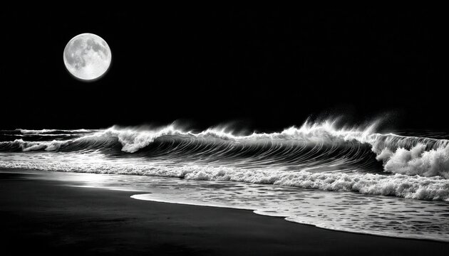 Monochromatic illustration of moonlit ocean waves crashing onto dark sandy shore at night. Dramatic seascape features powerful, rolling waves with white foam under full moon in black sky, conveying