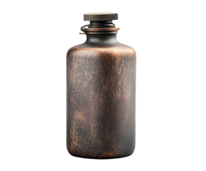 Elegant brown metal flask, showcasing rustic design and textured surface, isolated for easy integration on transparent background