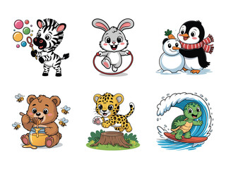 Obraz premium Zebra blowing bubbles bunny skipping penguin with snowman bear eating honey leopard jumping turtle surfing