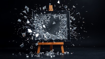 Shattered mirror fragments explode outwards from a black frame broken glass