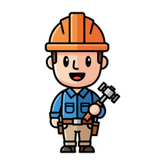 Cartoon construction worker flat design. Colored cartoon with line art and white background. AI generated image.