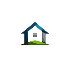 A minimalist home logo design with a blue roof and green grass, creating a clean and modern aesthetic suitable for real estate or eco-friendly branding.