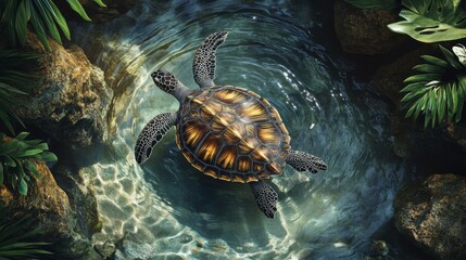 A photo of turtle from above in sea water 
