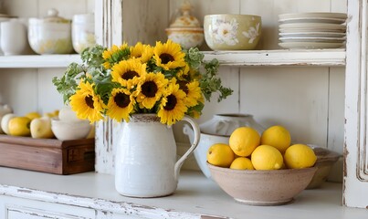 a vintage farmhouse kitchen hutch styled for late summer, with a sunflower bouquet in a ceramic pitcher, bowls of lemons