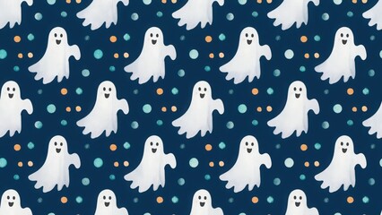 seamless watercolor pattern with cartoon ghosts for halloween