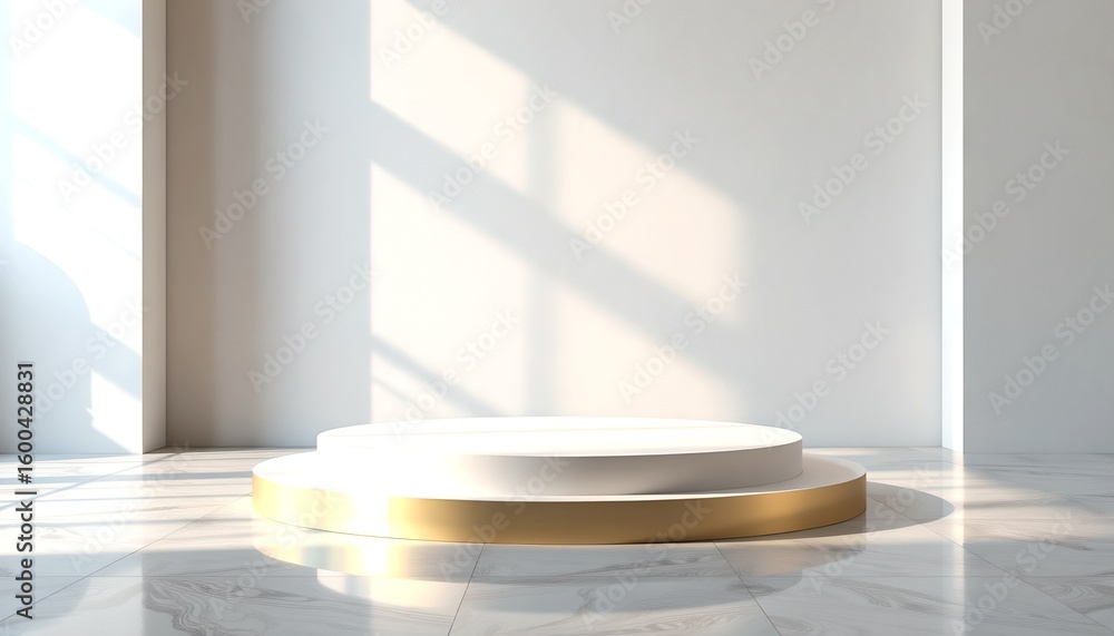 Poster a modern product display podium in a well-lit studio setting with shadows