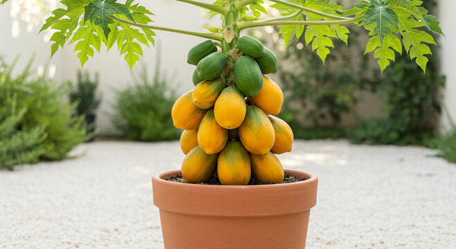 A lush papaya tree growing in a pot, bearing abundant ripe and unripe fruits. The image captures the success of container gardening and tropical fruit cultivation in a limited space, perfect for theme