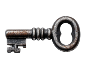 Close-up studio shot of a vintage ornate metallic key with intricate details and weathered texture on transparent background