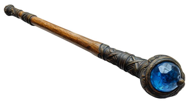 Sorcerer’s enchanted blue gem-topped wand with realistic bark texture perfect for roleplaying assets on transparent background