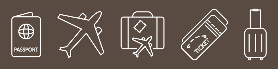 Travel linear icons set isolated on dark background. Passport, aircraft, baggage, ticket, suitcase line icons. Vocation icon set. Collection of traveling and tourism elements. 
