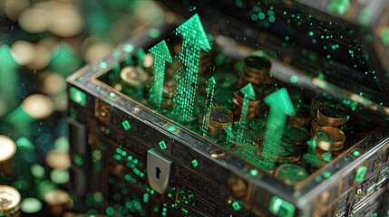Digital arrows pointing upward from coins in antique treasure chest