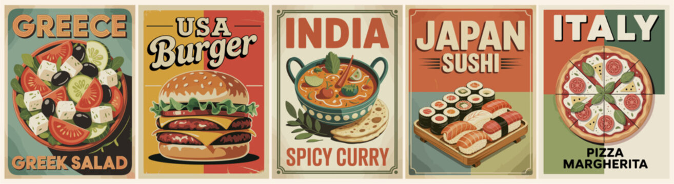 Set of retro food posters in mid-century modern style featuring iconic dishes: Margherita pizza, sushi, spicy curry, burger, and Greek salad. Perfect for vintage kitchen wall decor