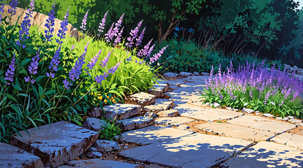 A stone path winds through a blooming garden filled with lush plants and purple flowers, all bathed in gentle sunlight and scattered shadows