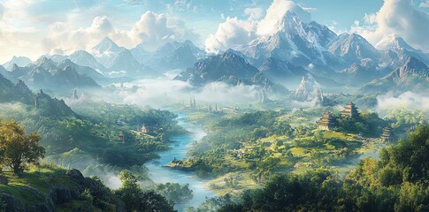 Breathtaking Fantasy Landscape with Asian Architecture