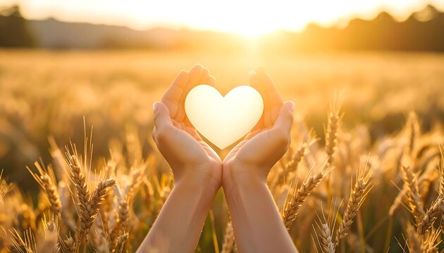 Hands hold heart shape in golden wheat field at sunset