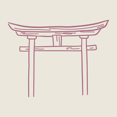 Hand sketch of a Japanese torii gate. Shinto temple symbol. Oriental style, minimalism, architectural illustration.
