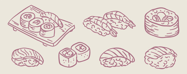 Hand drawn set of sushi and rolls. Vector sketch on soft background.