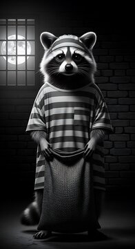 Whimsical Bandit Raccoon in Prison Stripes Carrying a Loot Bag Under a Full Moon Night
