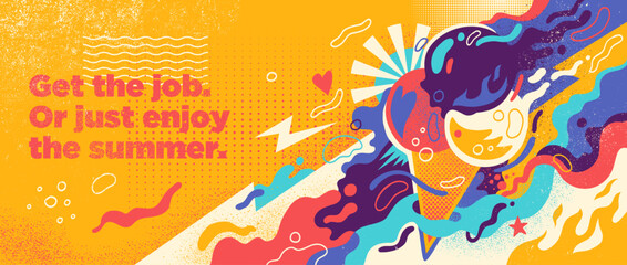 An abstract lifestyle-themed background featuring a vibrant ice cream illustration surrounded by dynamic, colorful splashing shapes. Vector illustration.