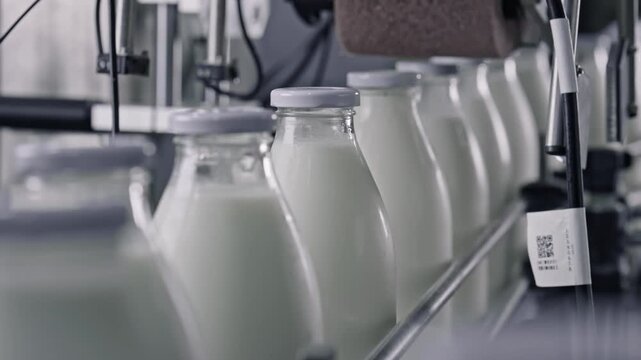 Rows of glass milk bottles gliding along automated conveyor belt, receiving precise qr code labels within modern dairy manufacturing facility, showcasing efficient food production process