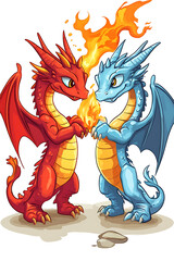 Two cartoon dragons, one red and one blue, playfully exchanging flames in a vibrant setting