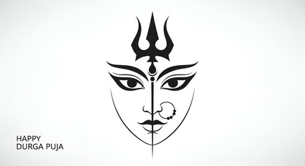 Navratri Durga goddess face line art with trishul minimal black ink style illustration on white background symbolizing Hindu India festival celebration spirituality